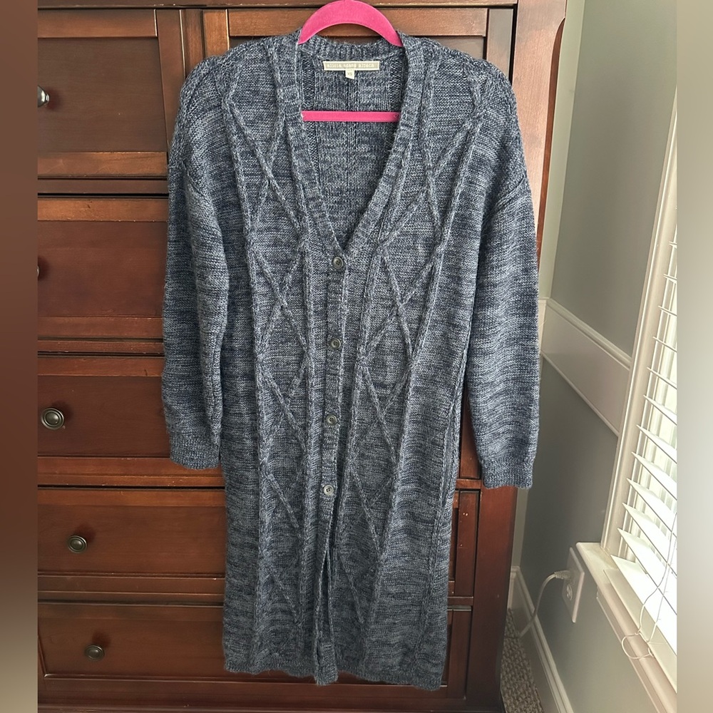 Alicia Adams Alpaca cable cardigan duster in blue 100% baby alpaca
